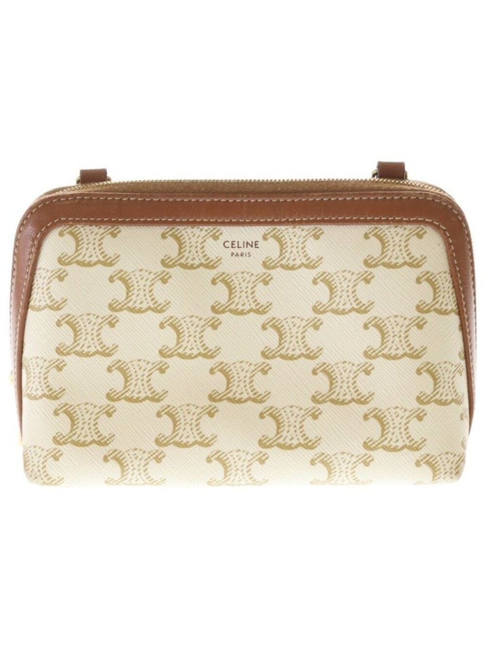 Celine Trio Canvas Chain Clutch Mini Shoulder Bag Ivory Brown Leather Gold - Picture 1 of 6